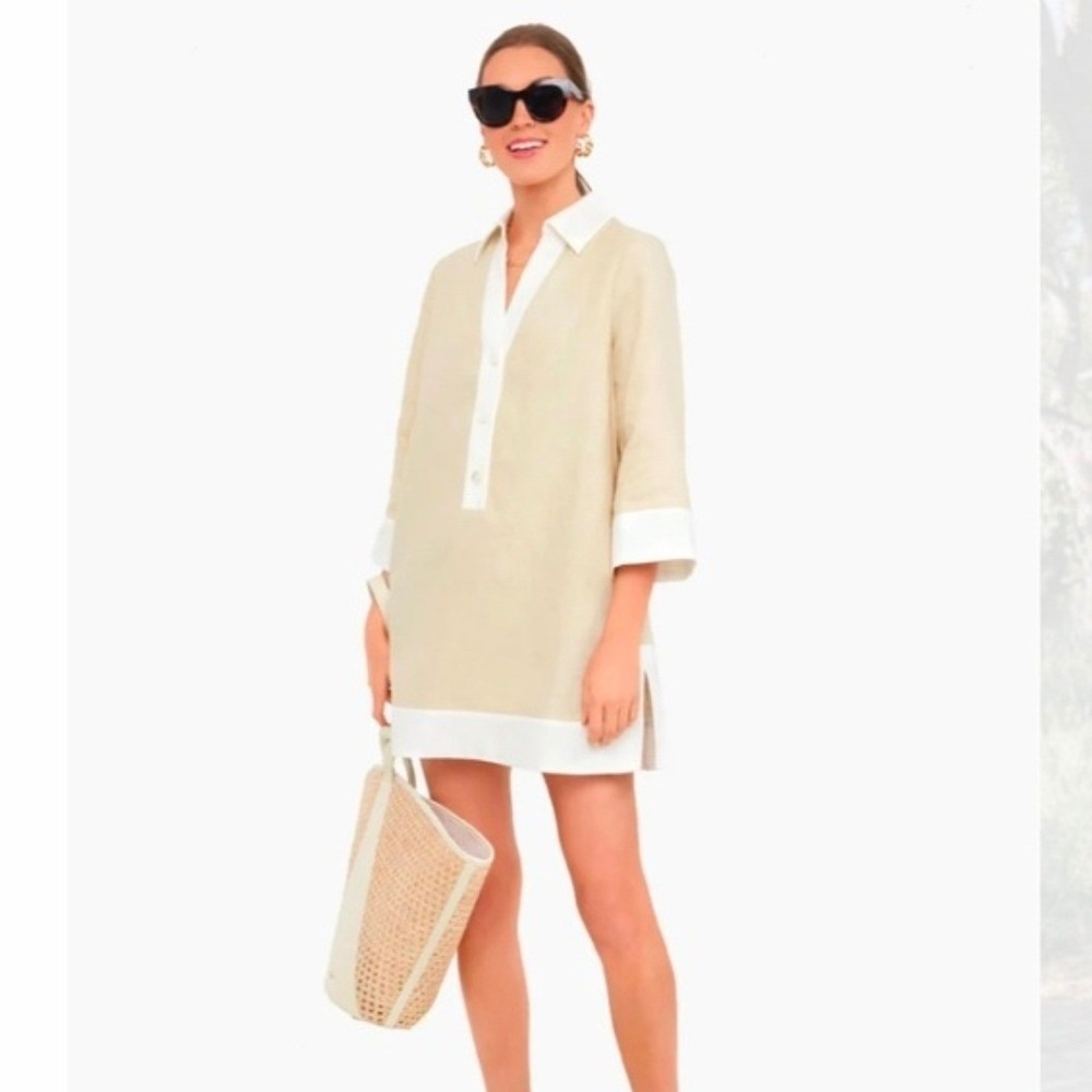 Tuckernuck Women's XS Linen Shift Dress Beige White Colorblock Collared Mini